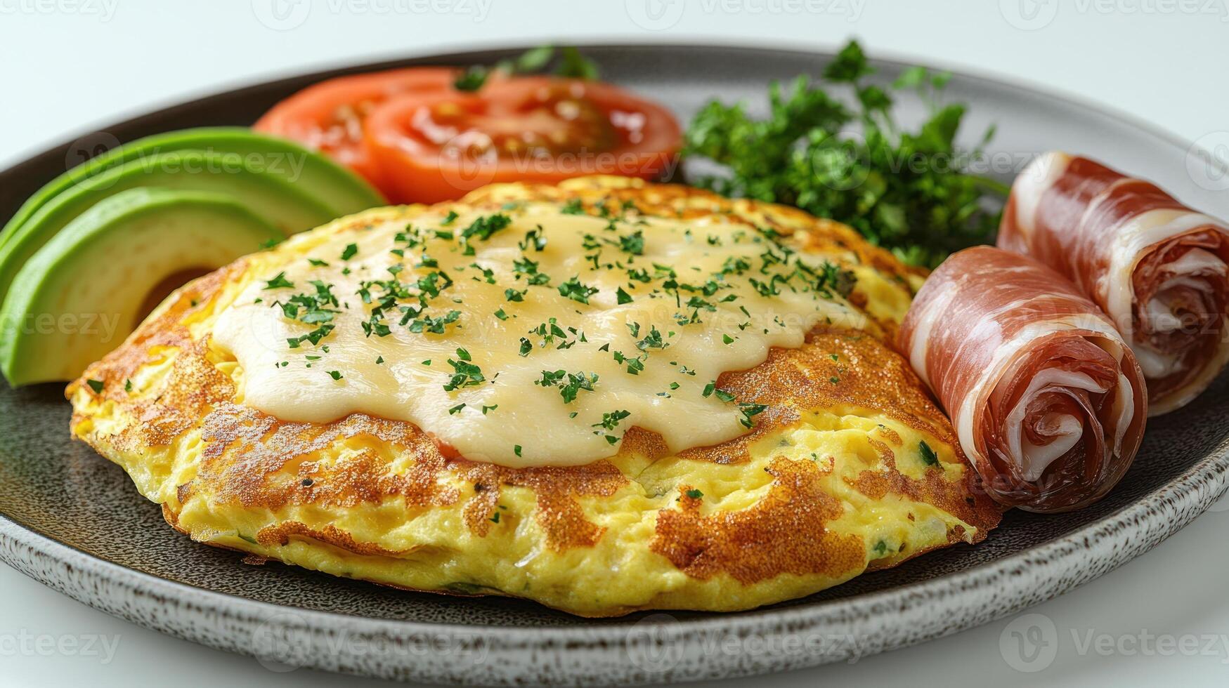 A beautifully arranged plate showcasing a savory omelette topped with melted cheese photo