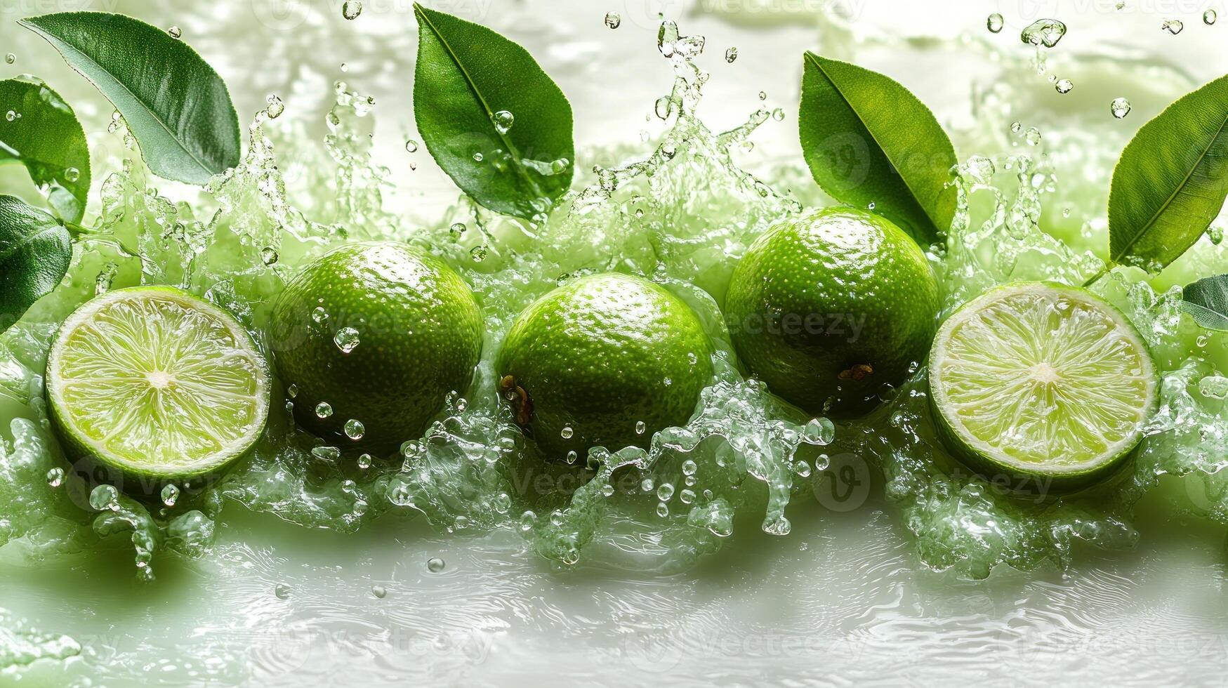 Half-sliced limes splash among droplets and green leaves, exuding refreshment photo