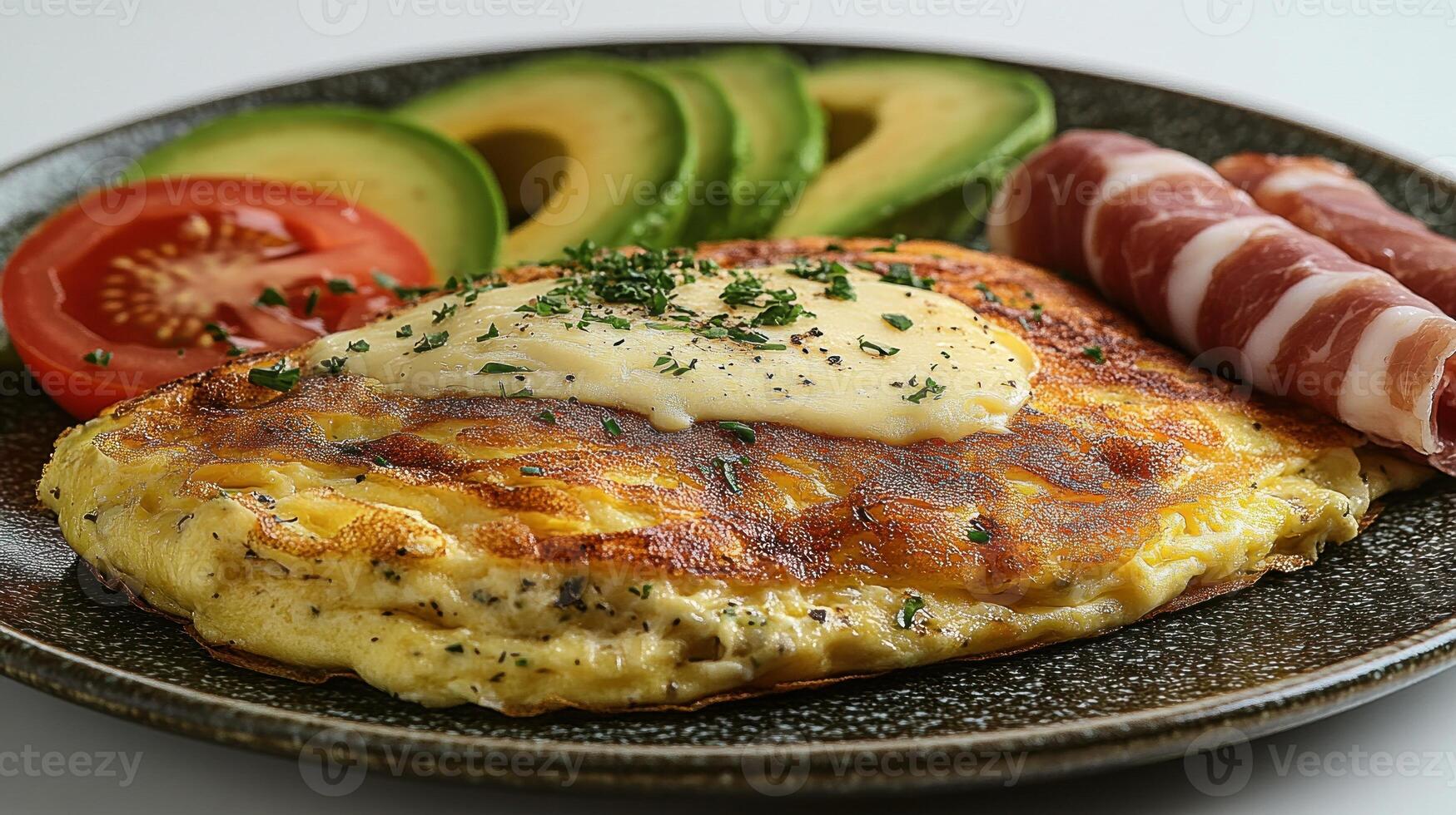 A sumptuous omelette garnished with herbs, accompanied by sliced avocado and tomatoes photo
