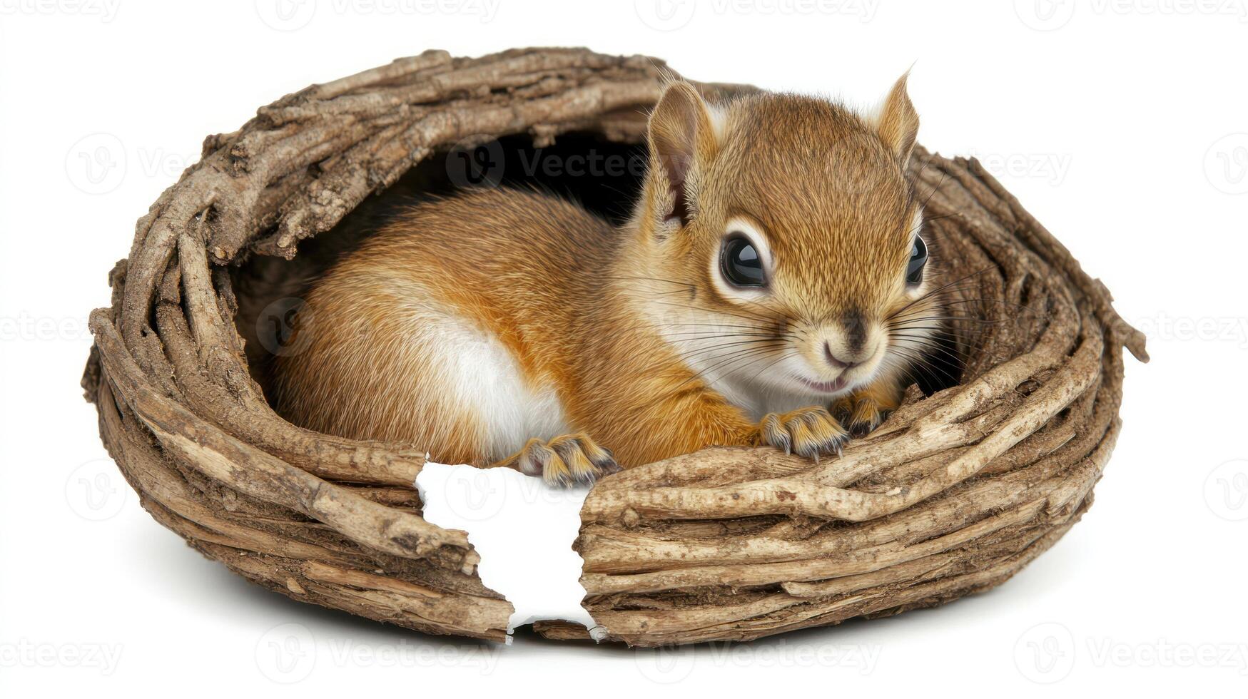 A playful young squirrel relaxes in a nest, surrounded by the comfort of twigs photo