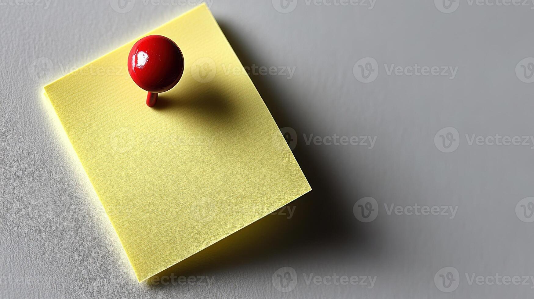A bright yellow sticky note is anchored by a red push pin, creating a playful contrast photo