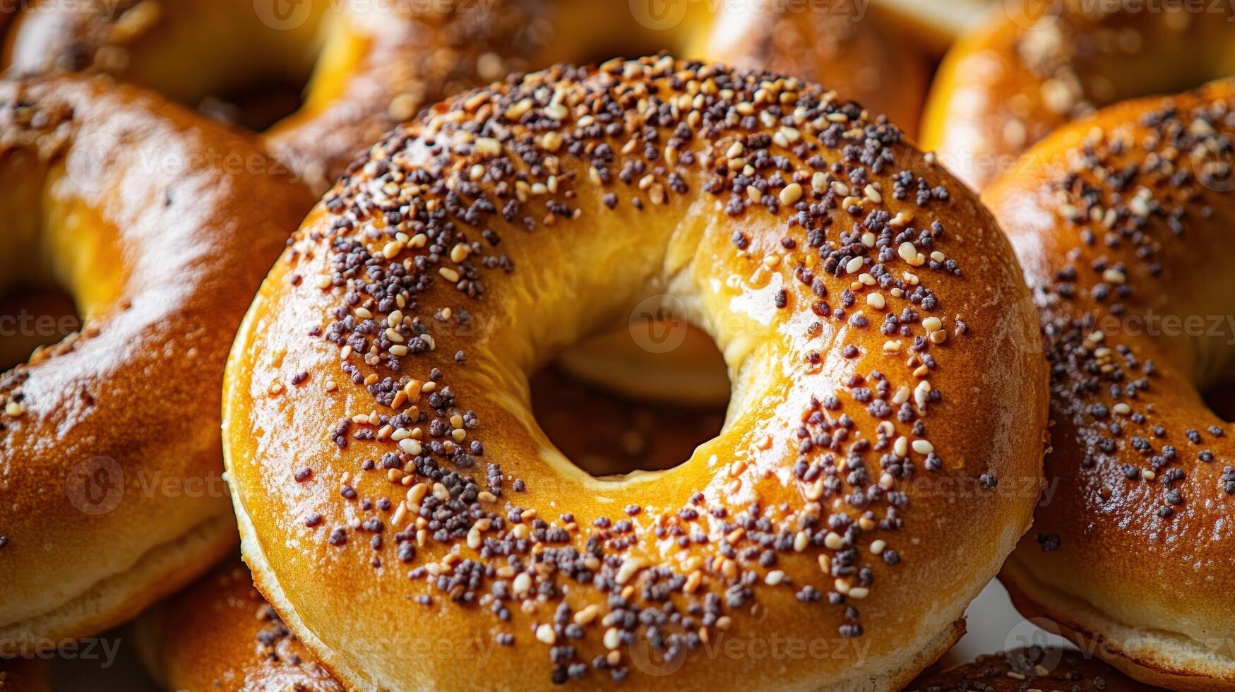Warm bagels glisten with seeds, inviting all to savor their delightful taste photo