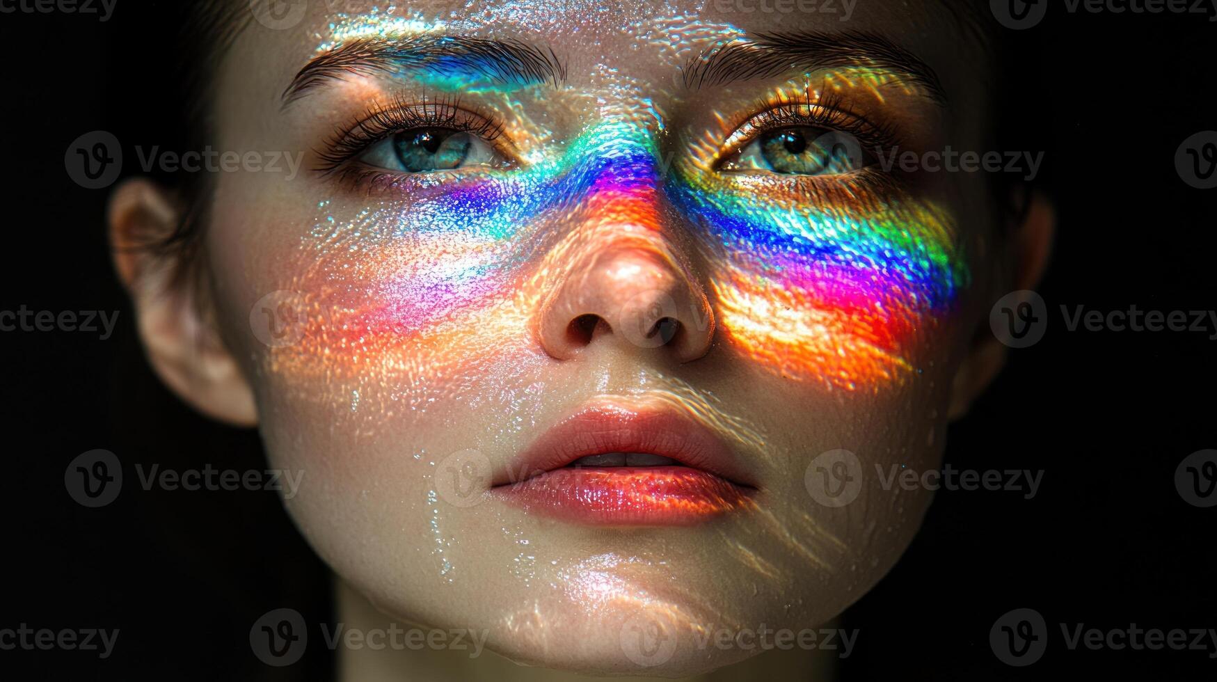 Colorful light dances across a serene face, creating a mesmerizing, artistic effect photo