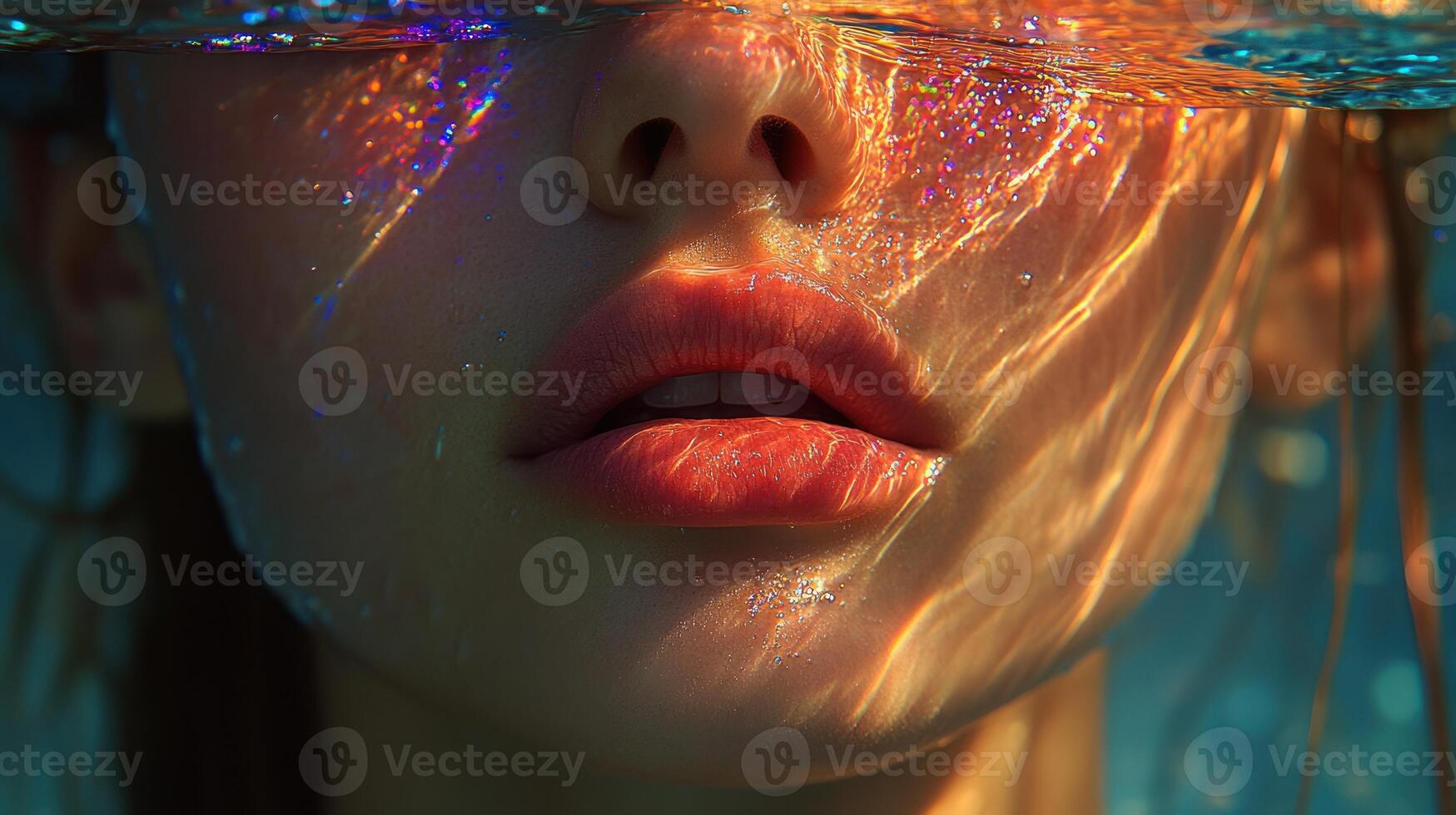 Underwater reflections dance on lips as sunlight filters through the surface photo