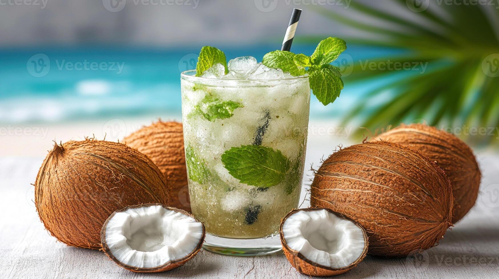 A vibrant coconut mojito with mint and ice sits next to whole coconuts by the shore photo