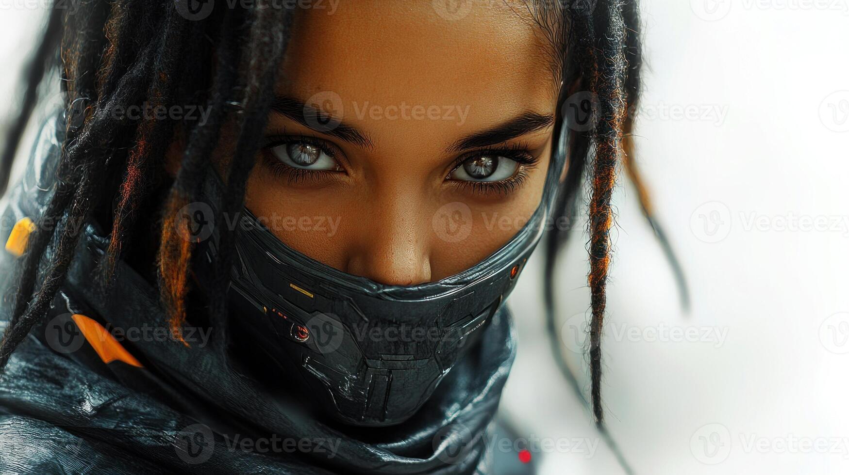 A striking moment of a mysterious woman with dreadlocks, radiating strength photo