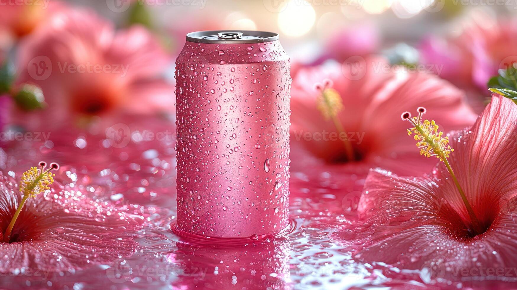 A chilled pink drink stands among lush hibiscus blooms, glistening in sunlight photo