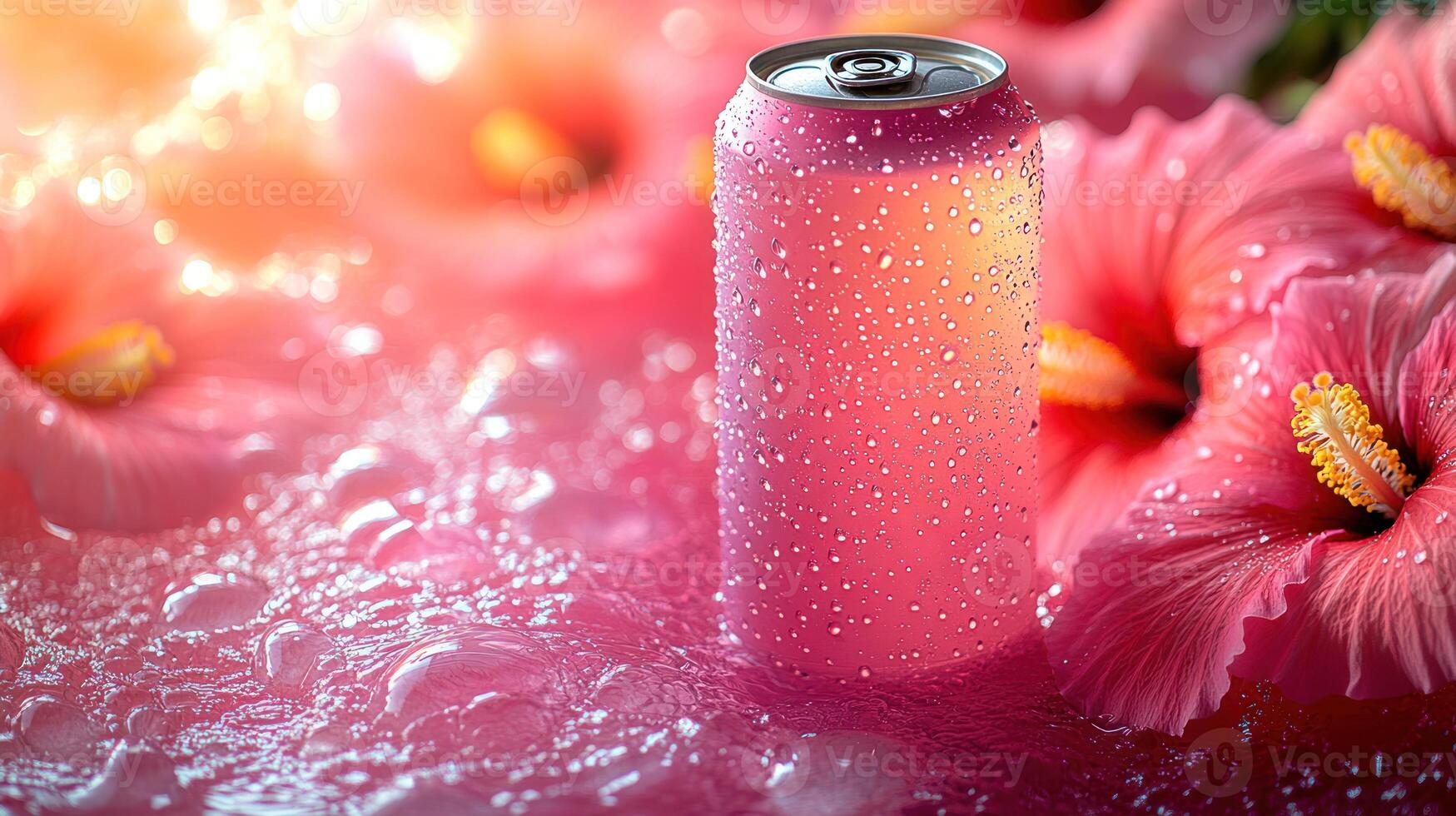 A colorful soda can surrounded by lush hibiscus blooms glows in the afternoon light photo