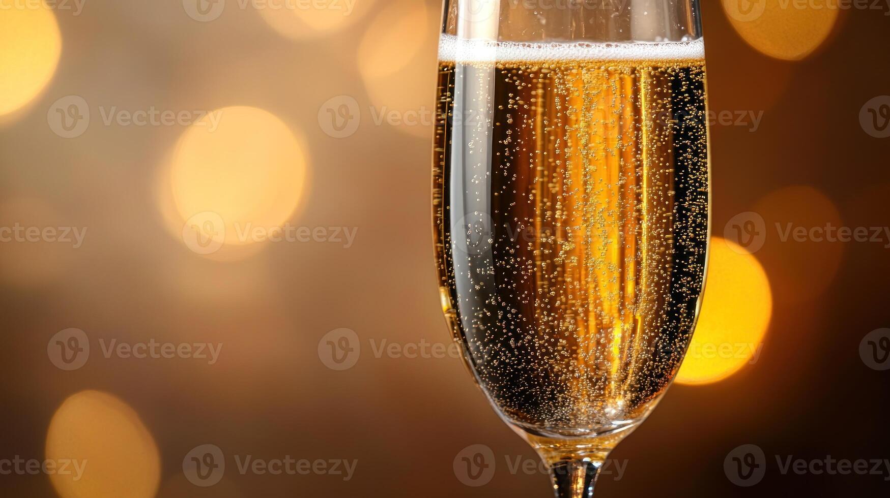 Bubbles rise in a flute of champagne, shimmering against soft golden lights photo