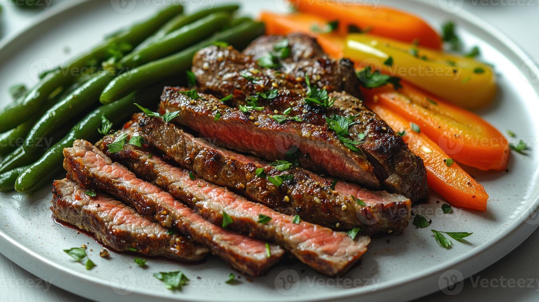 Grilled steak with fresh green beans, carrots, and yellow peppers garnished with herbs photo