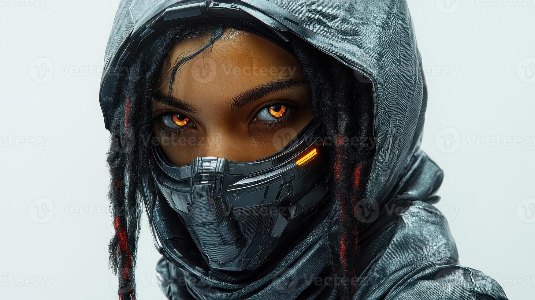 A striking figure exudes strength while clad in a dark hooded outfit and vibrant eyes photo