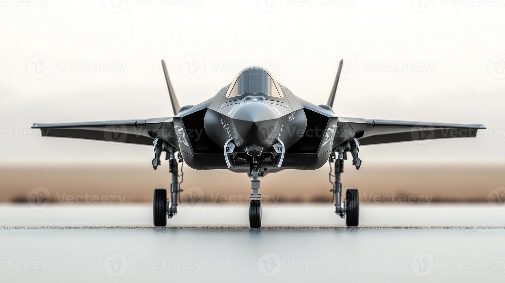 A modern fighter jet stands ready on the runway, capturing the dawn's golden hue photo