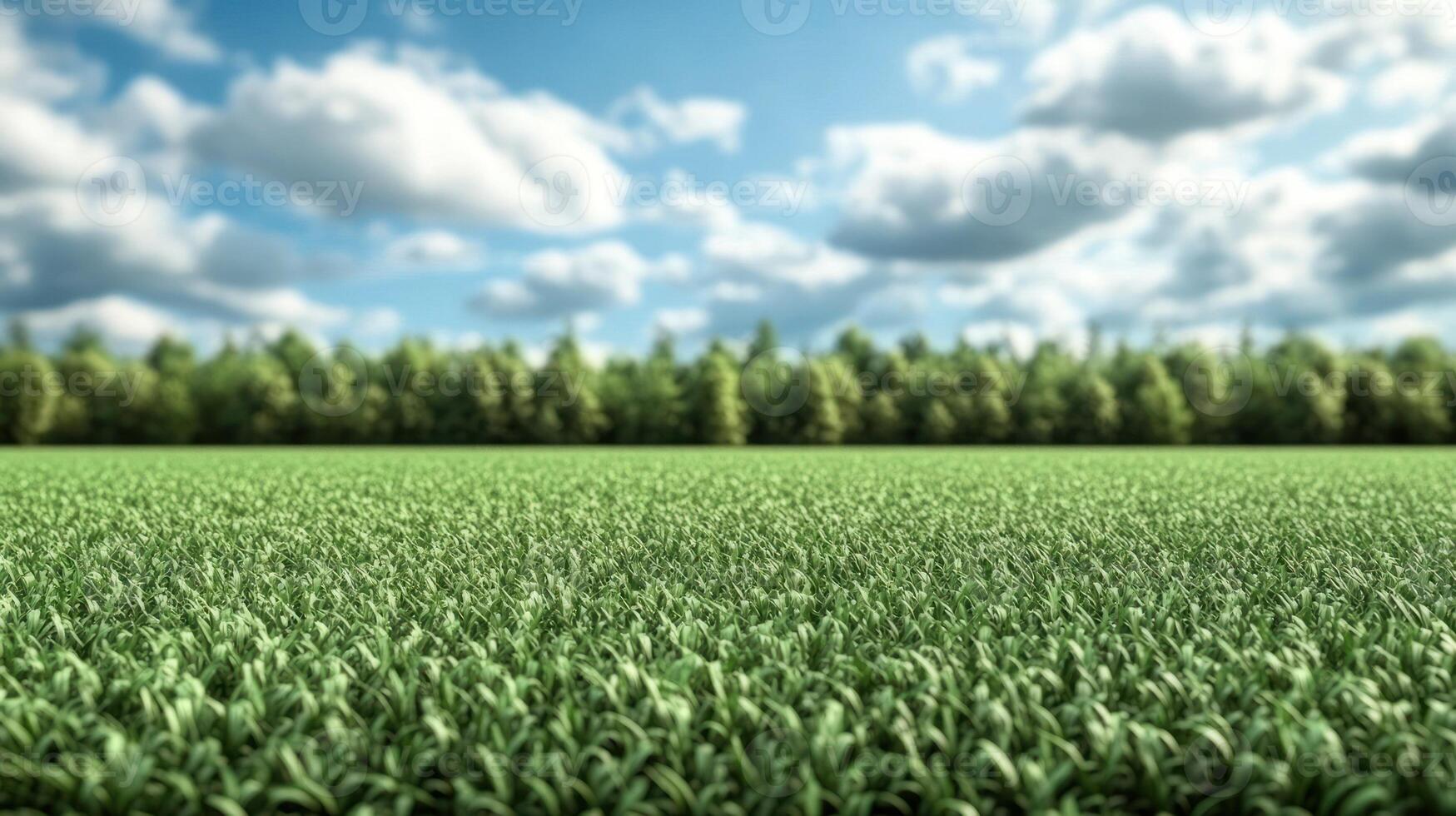 Lush green fields extend under a vibrant blue sky filled with puffy clouds photo