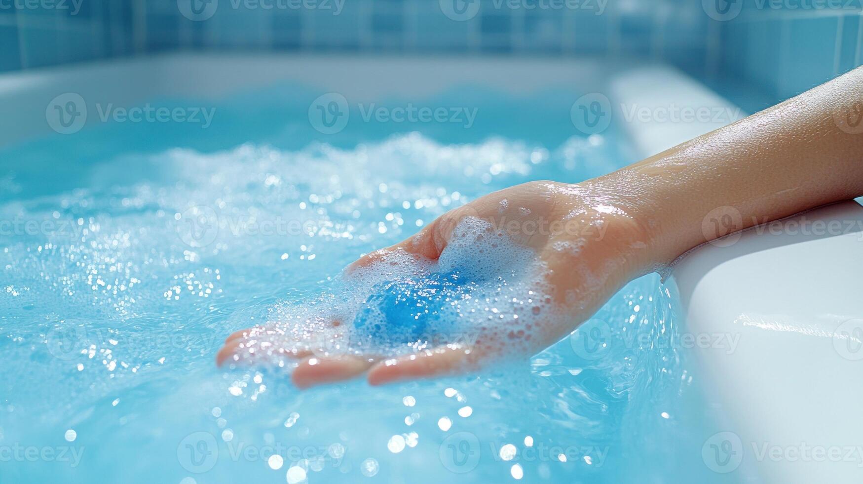 A hand gently holds a blue ball while submerged in bubbling water blissfully photo