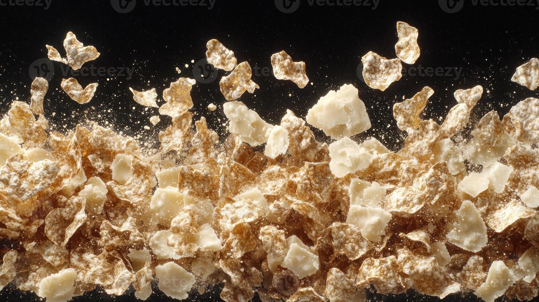 Caramel popcorn bursts through the air, creating a playful and dynamic display photo