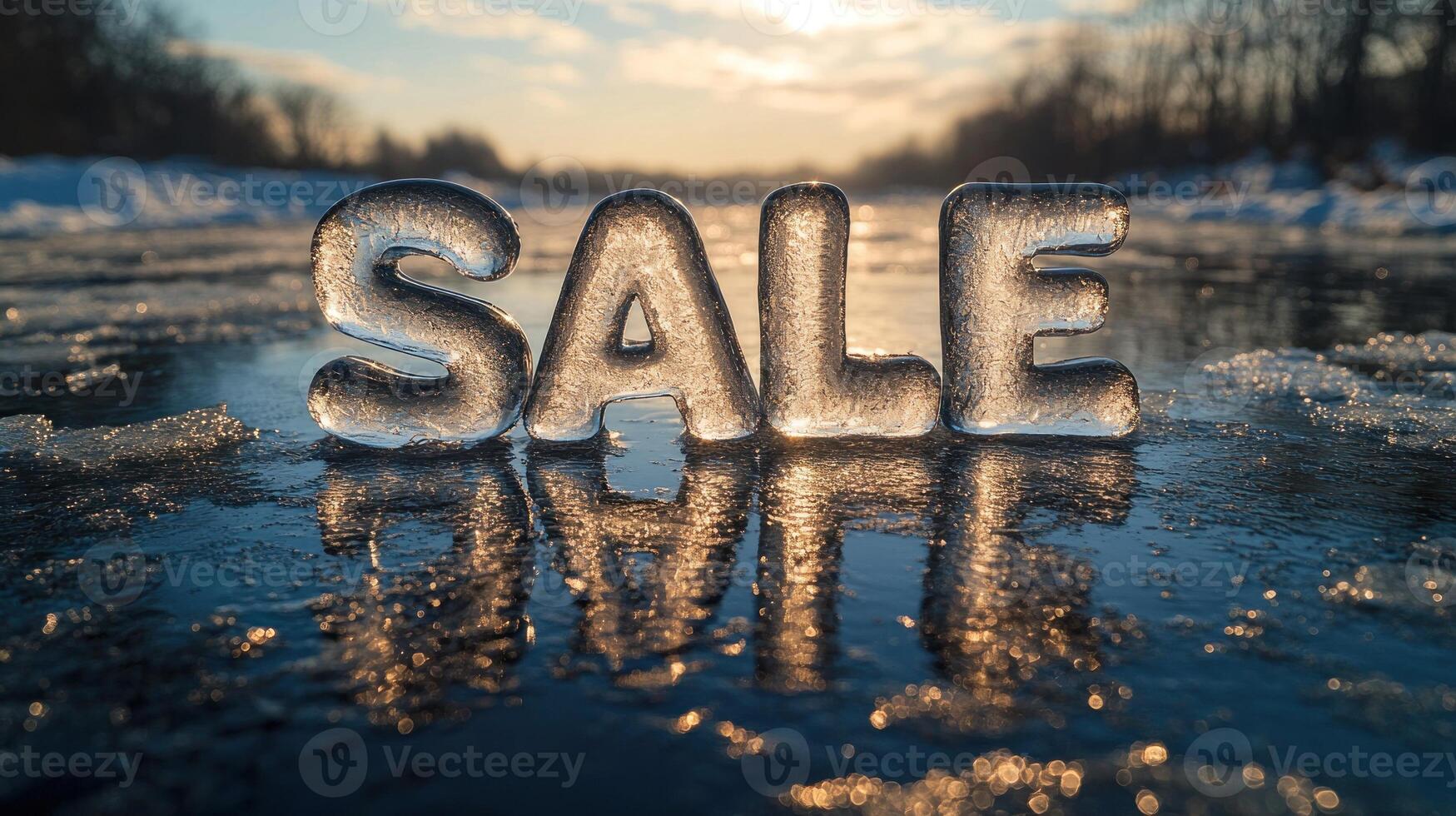 Glittering ice letters form the word sale against a serene winter landscape photo