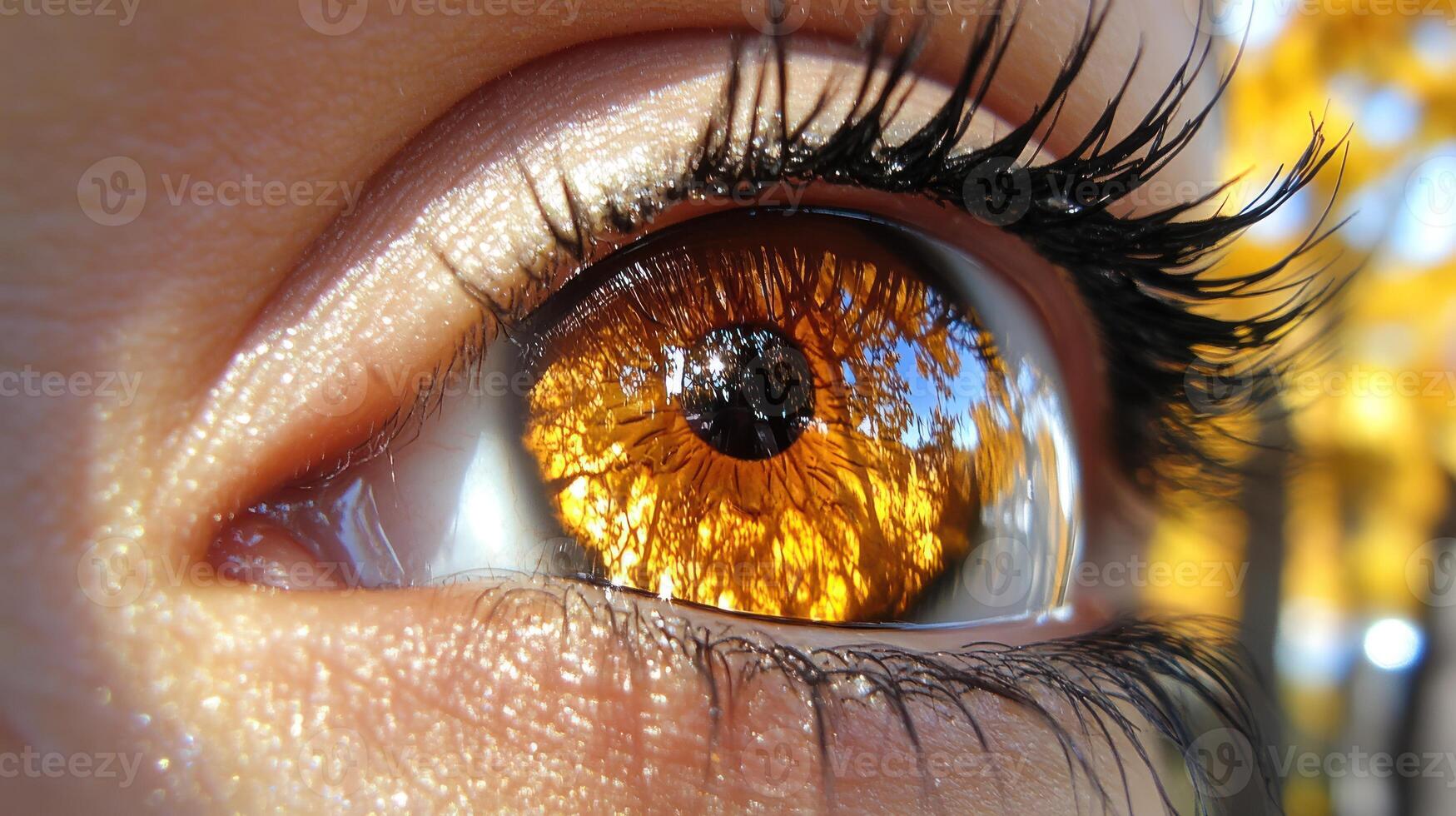 A mesmerizing eye mirrors golden foliage in a serene outdoor setting photo