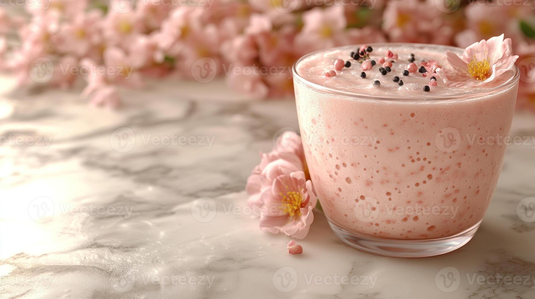 A pink cherry smoothie garnished with blossoms sits gracefully in a glass photo