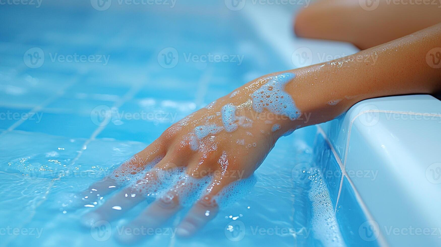 A hand gently submerges into the clear blue water, creating delightful ripples photo