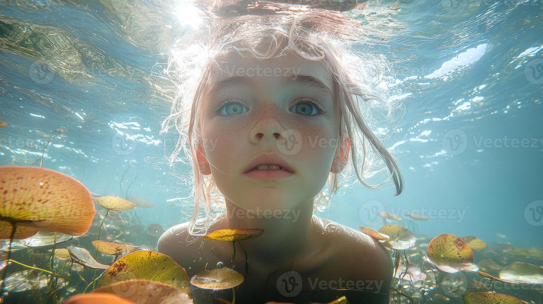 A curious child underwater gazes at the vibrant lily pads floating above photo