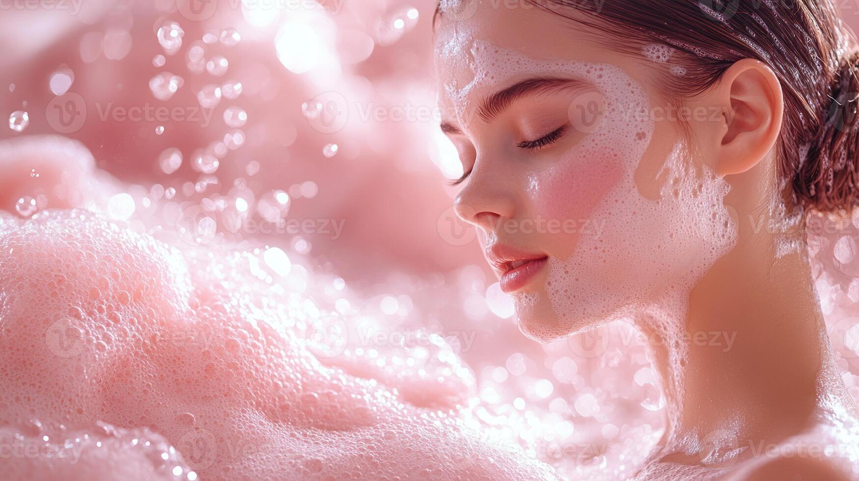 Enjoying a tranquil bubble bath, her face relaxed, surrounded by soft pink foam photo