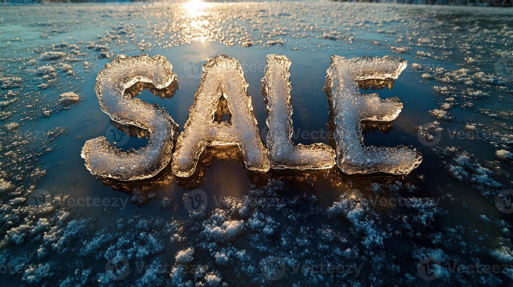 A stunning ice sculpture showcases the word sale, sparkling in early morning light photo