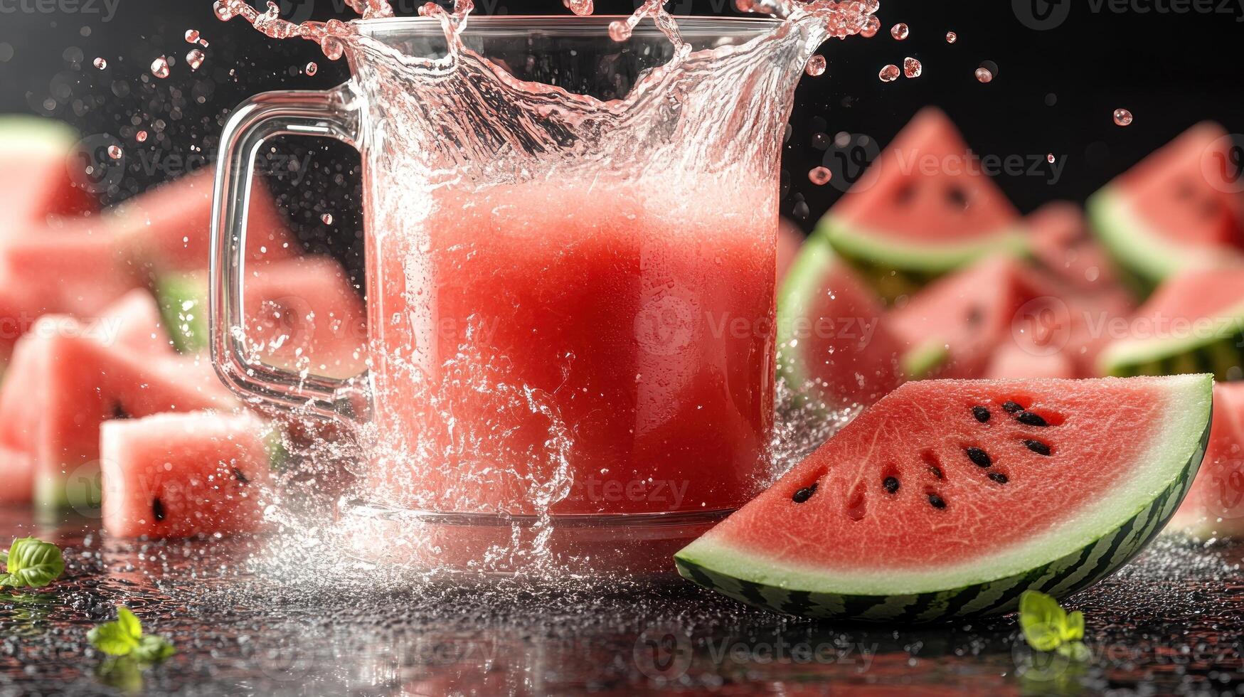 Watermelon juice spills from the glass, adorned with fresh fruit slices photo
