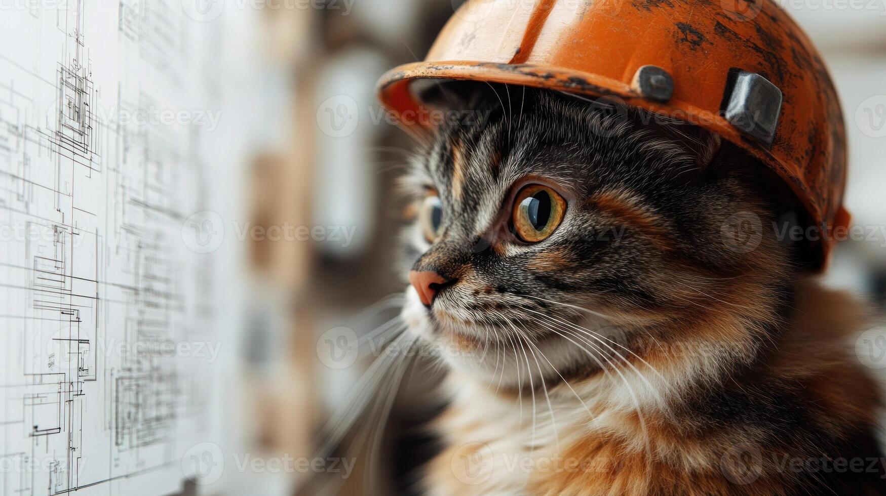 A diligent cat wearing a hard hat examines detailed plans in a workshop photo