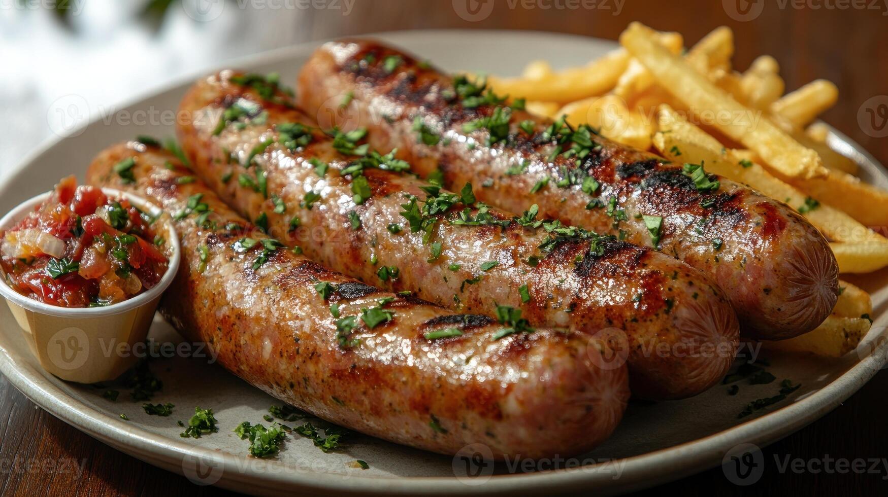 Three juicy sausages garnished with herbs alongside golden fries and zesty salsa photo