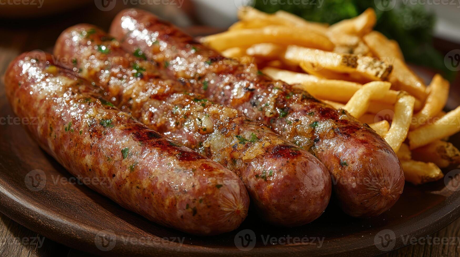 Three perfectly grilled sausages lay next to a generous portion of fries photo