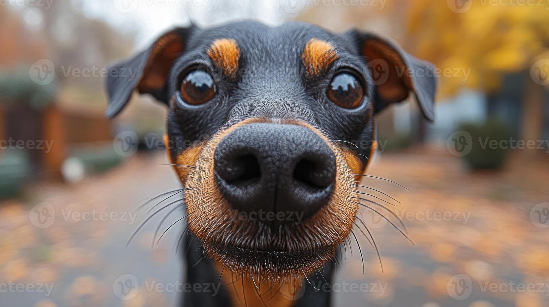 A playful dog investigates a winding trail adorned with golden leaves photo
