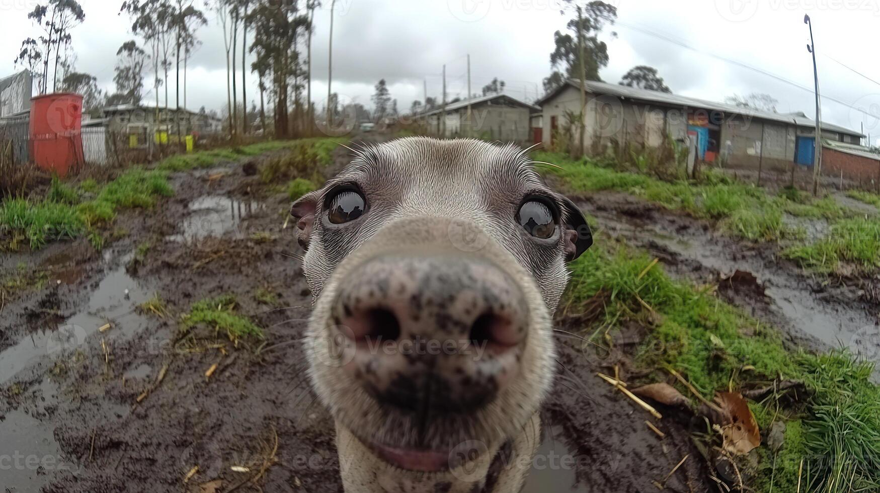 A dog investigates the puddles and mud, surrounded by a grassy area photo