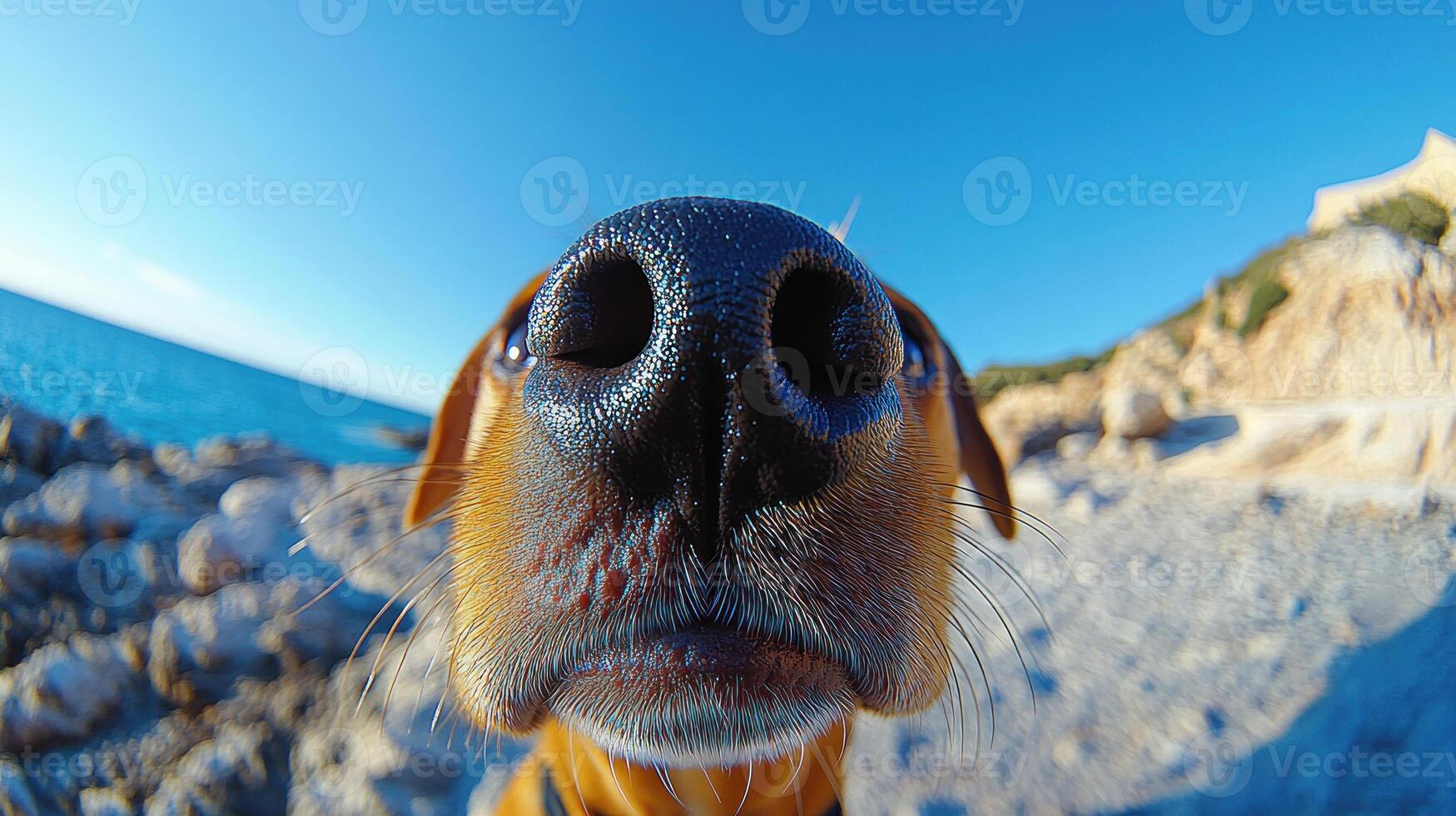 A playful dog investigates rocks by the sparkling water under clear skies photo