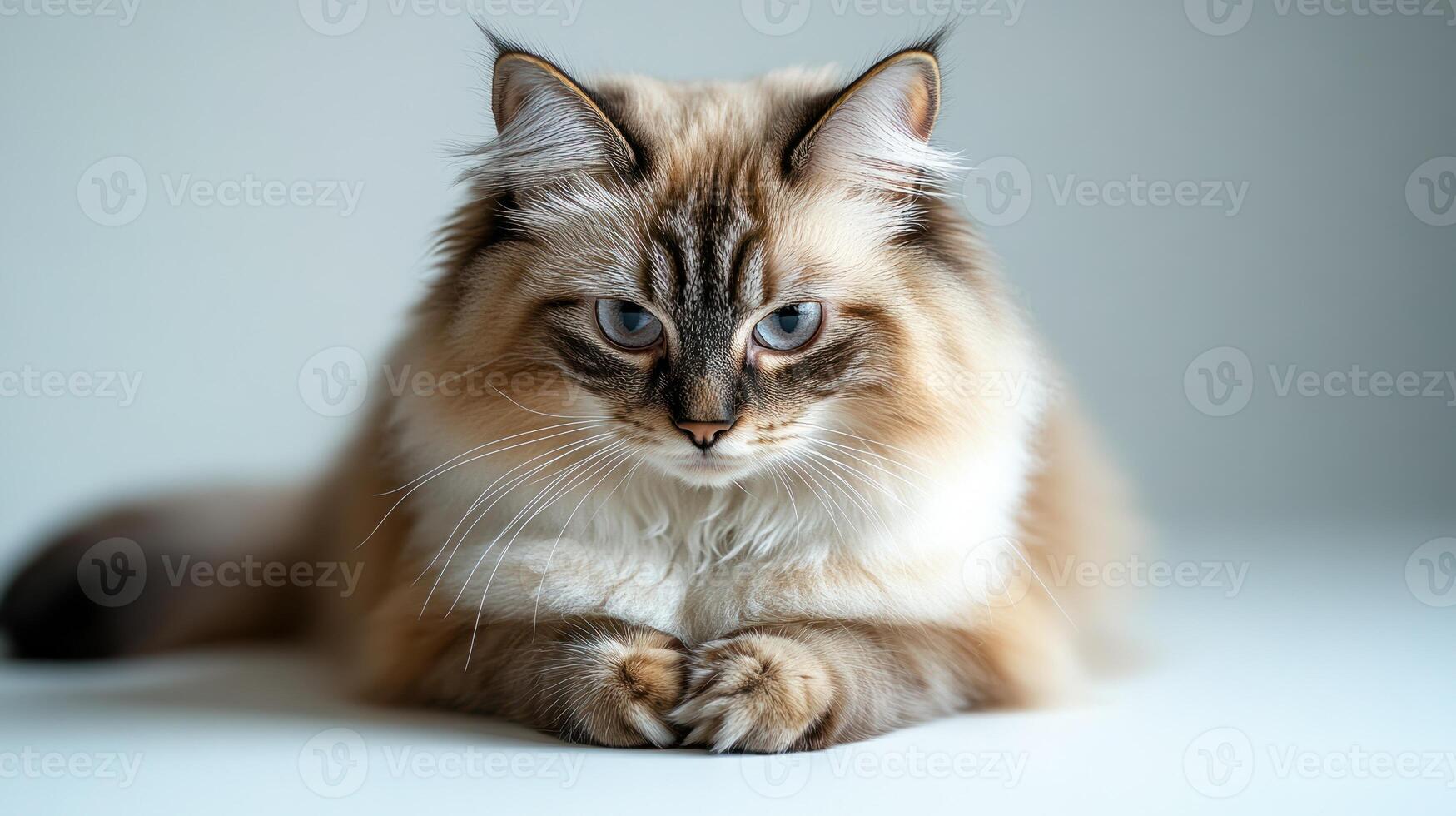 A fluffy feline with piercing blue eyes rests quietly, exuding a calm demeanor indoors photo