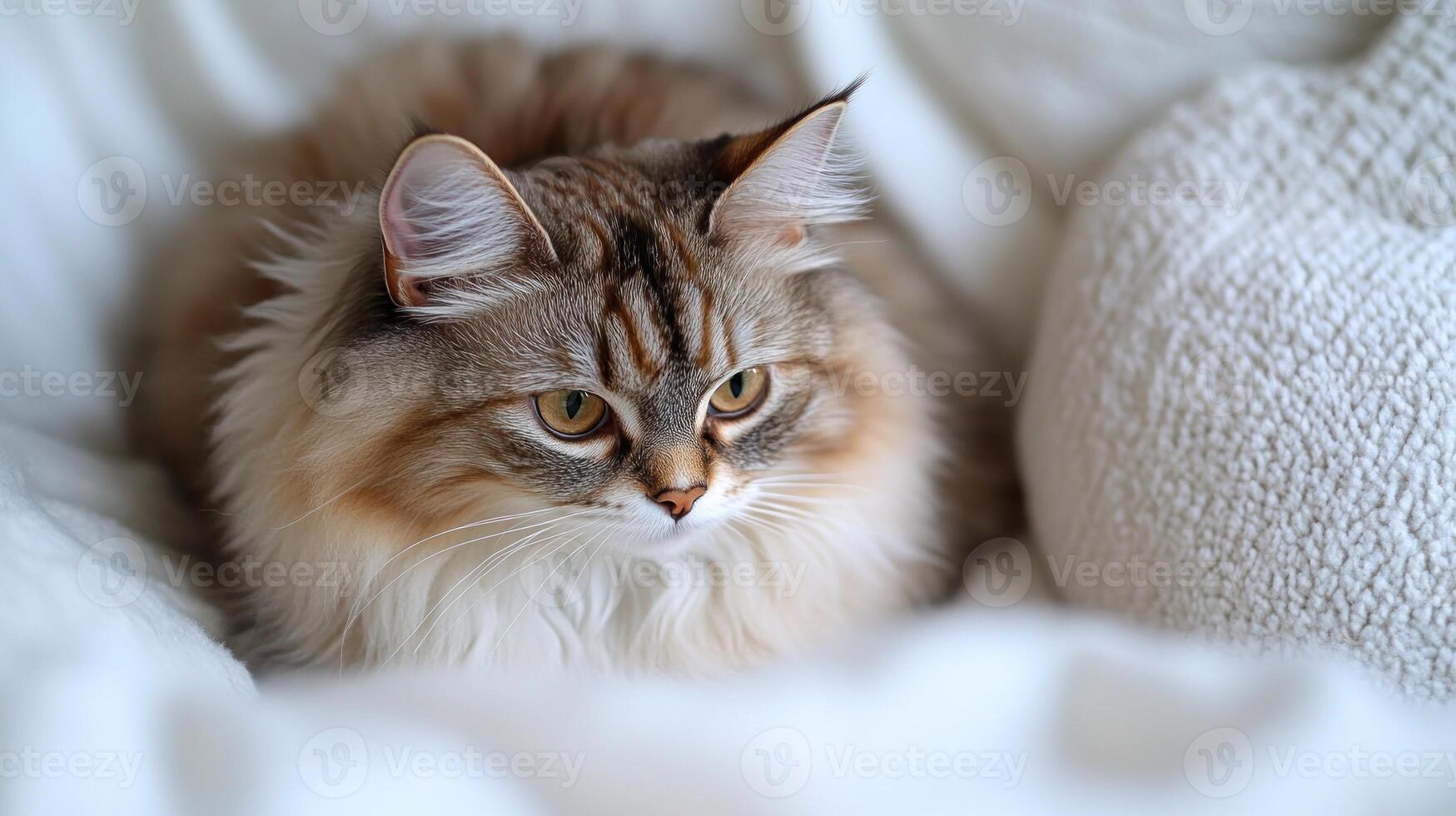 A serene cat relaxes on a soft blanket, enjoying the warm afternoon light photo