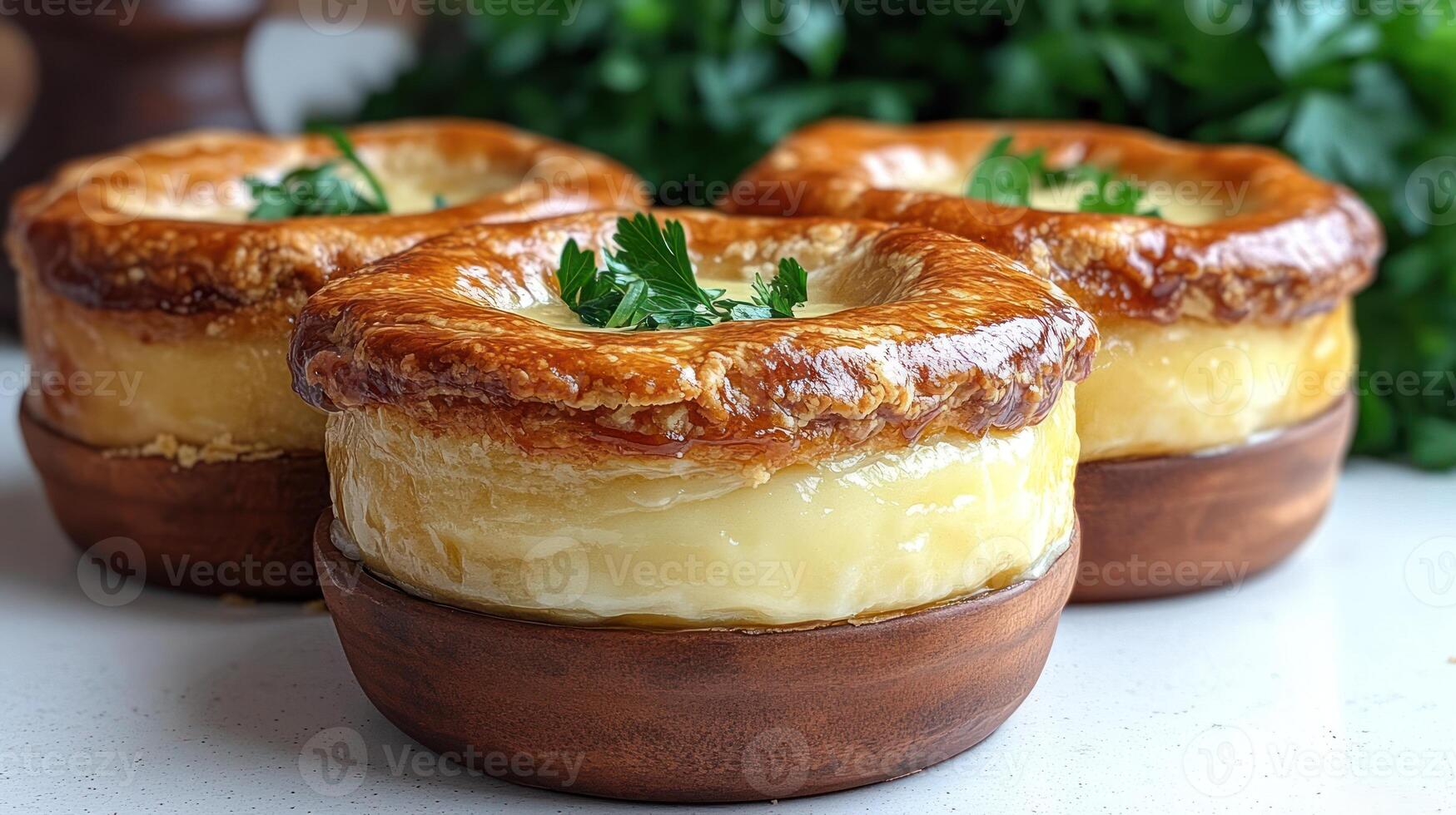 Savory pot pies, warm and inviting, topped with herbs and perfect for sharing photo
