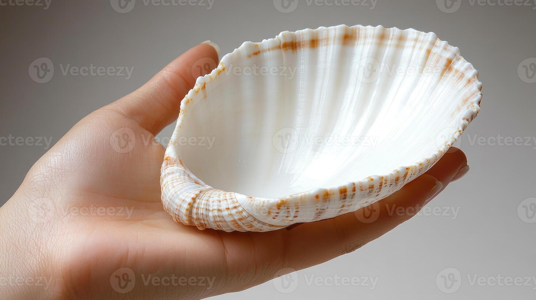 A gentle hand cradles a stunning shell, highlighting its intricate patterns and curves photo