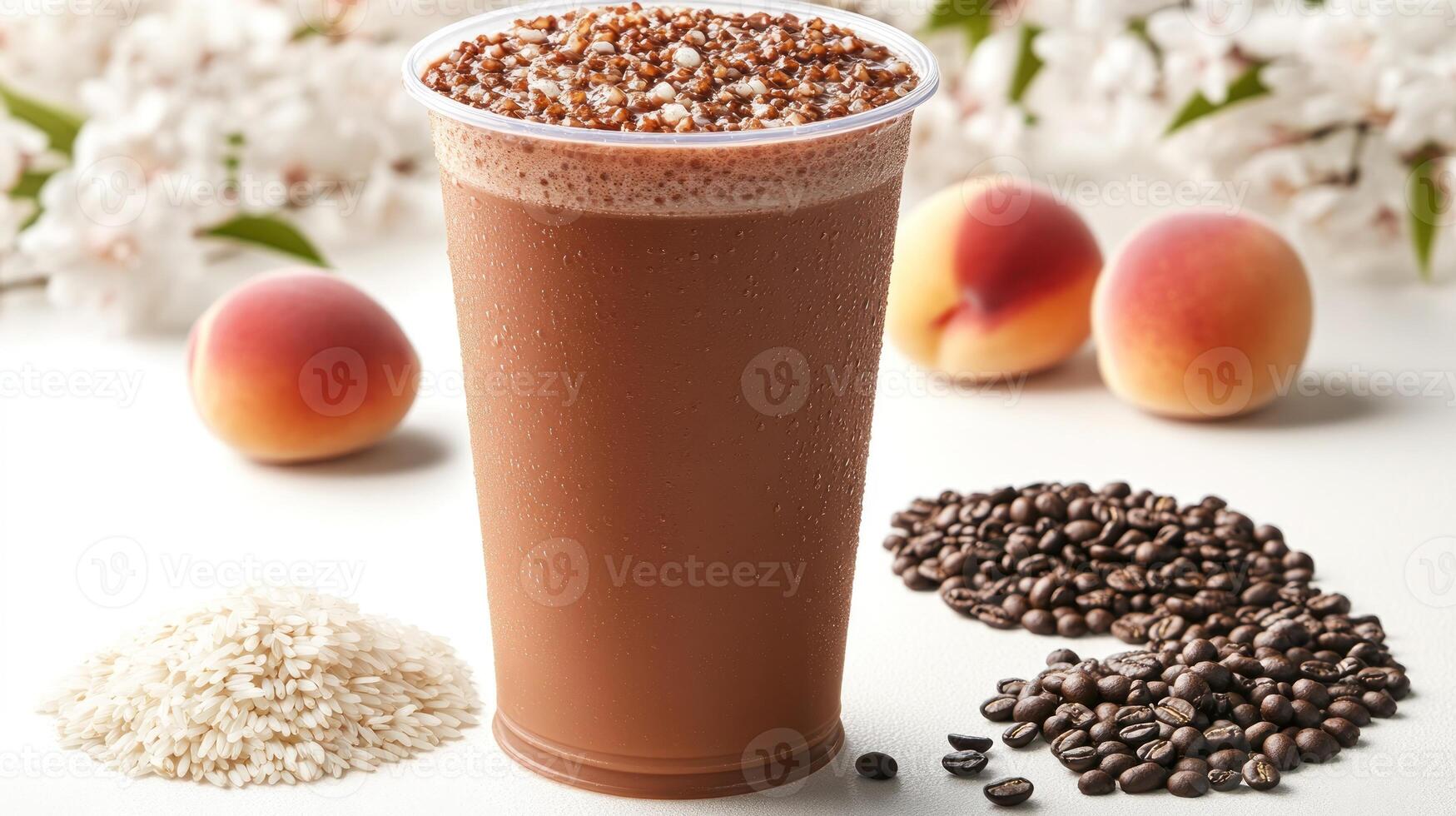 A delightful drink featuring coffee and oats, surrounded by fresh peaches and grains photo