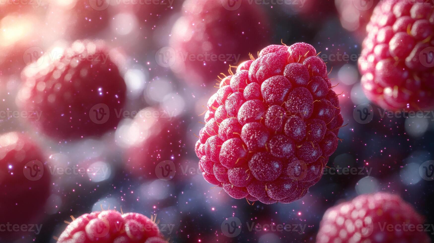 Delicious raspberries float in a dreamy cosmic setting, sparkling under soft light photo