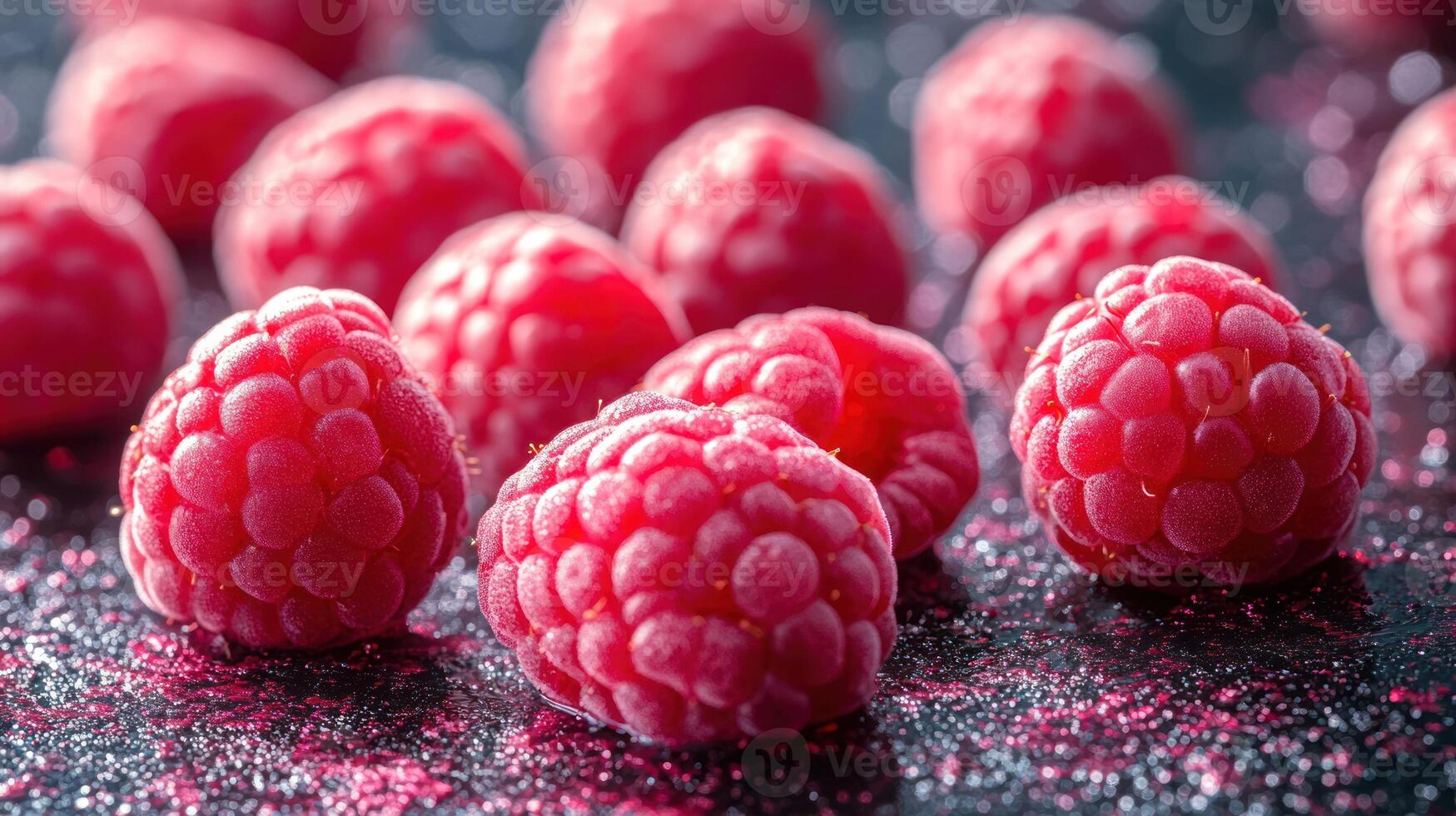 Fresh, juicy raspberries vibrant against a dark, sparkling backdrop photo