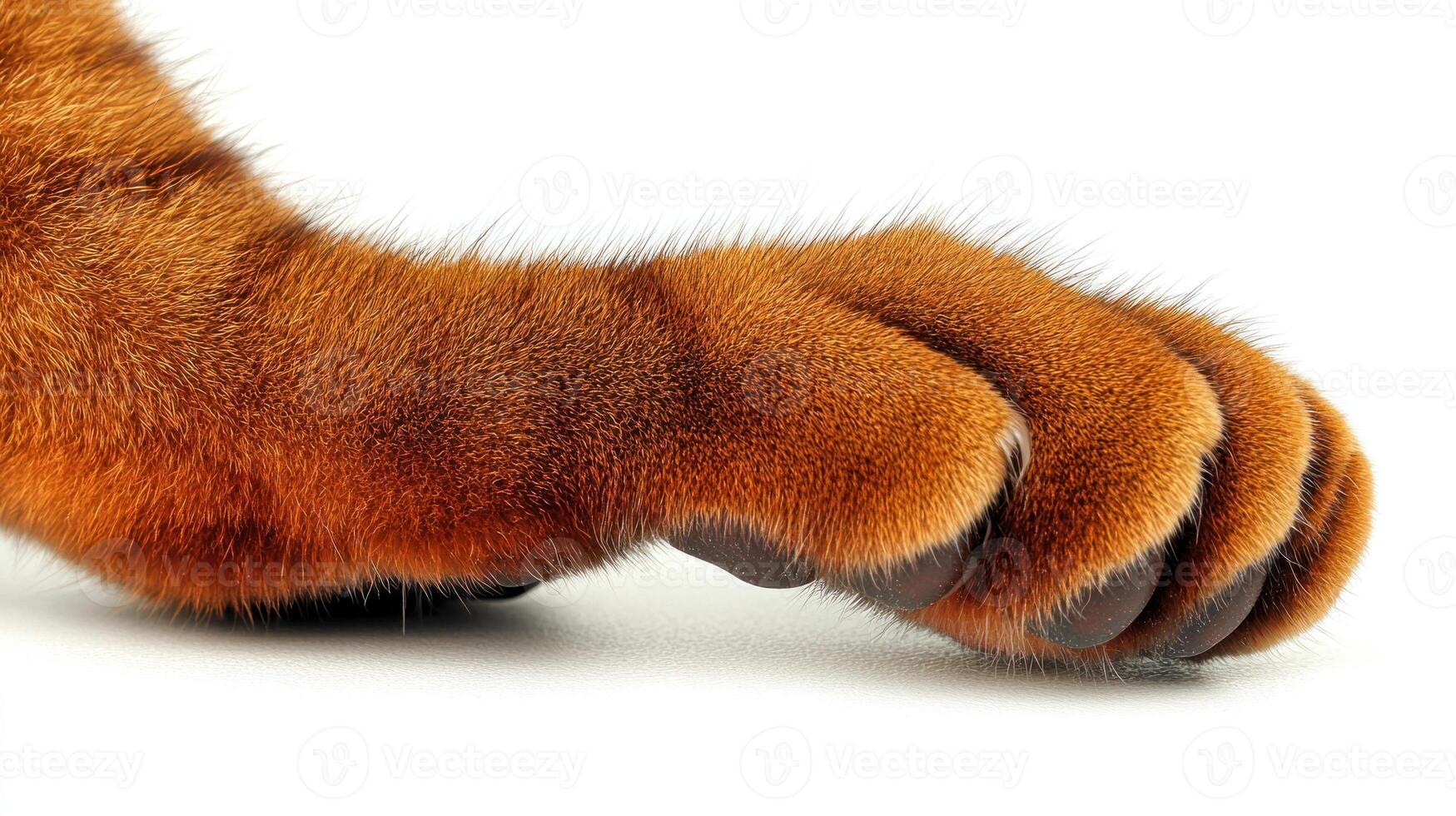 A fluffy orange cat paw rests softly on a bright white surface, radiating warmth photo