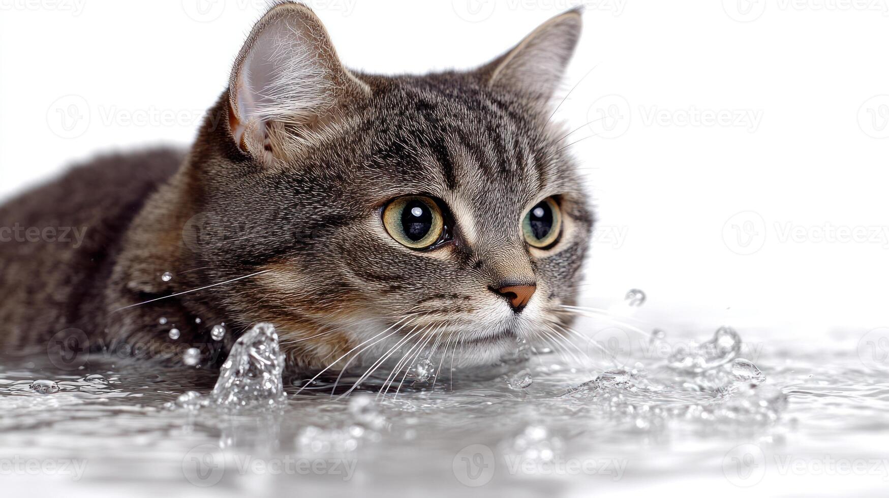A playful kitten curiously interacts with sparkling water droplets, enjoying the moment photo