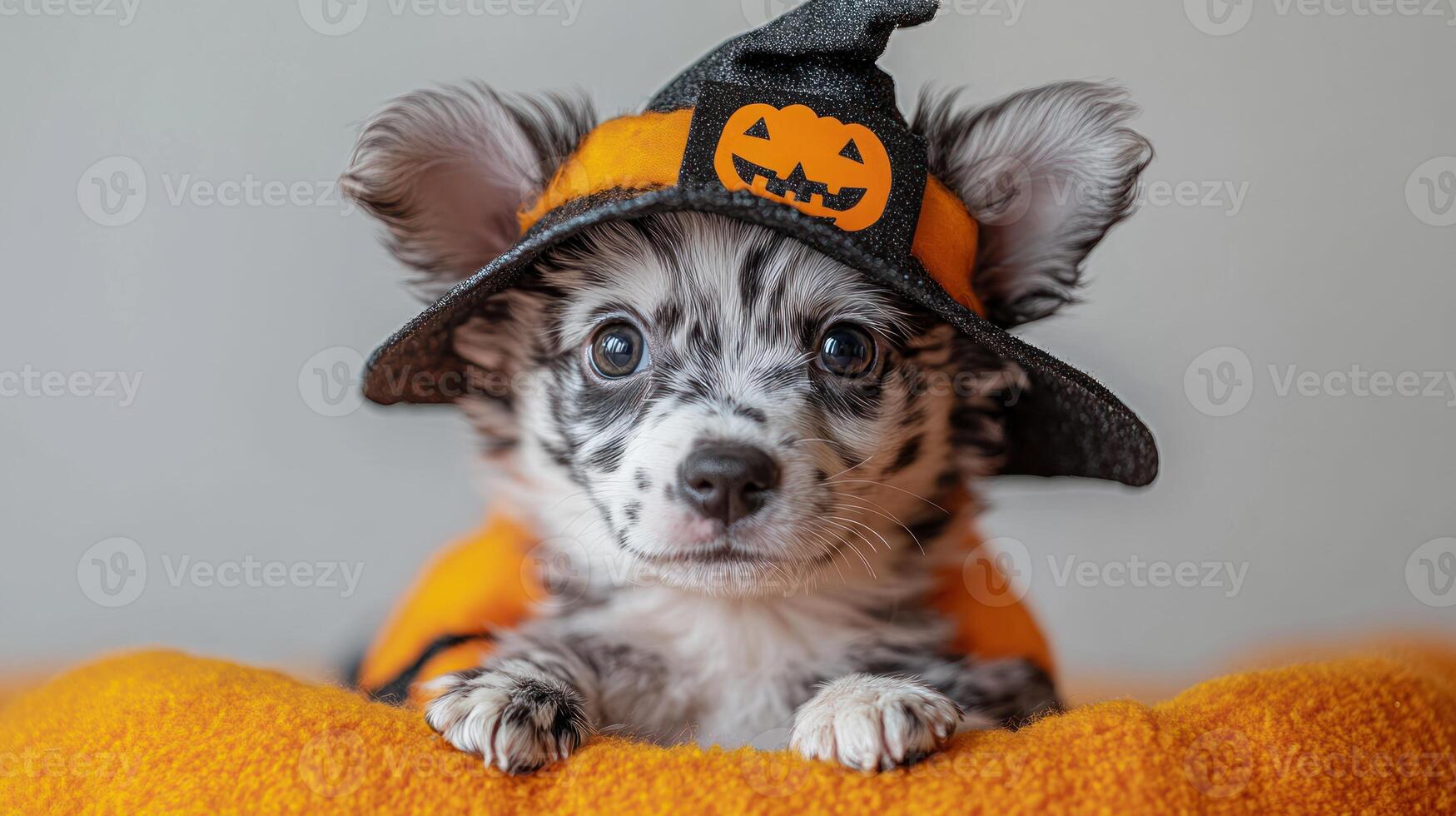 A playful puppy in a pumpkin-themed outfit enjoys a cozy spot amidst festive decorations photo