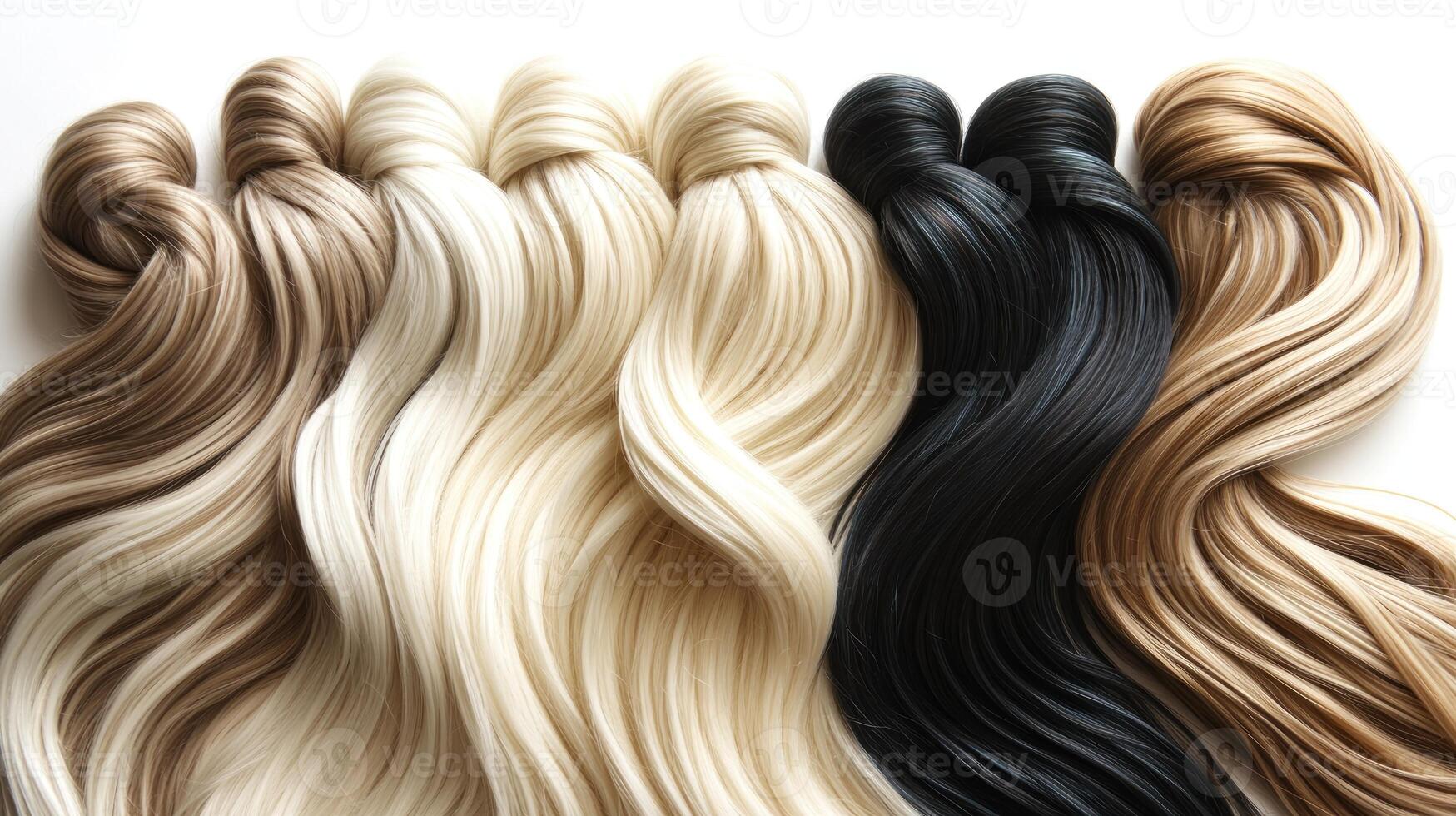 Luxurious hair extensions in diverse colors elegantly display their smooth, wavy strands photo