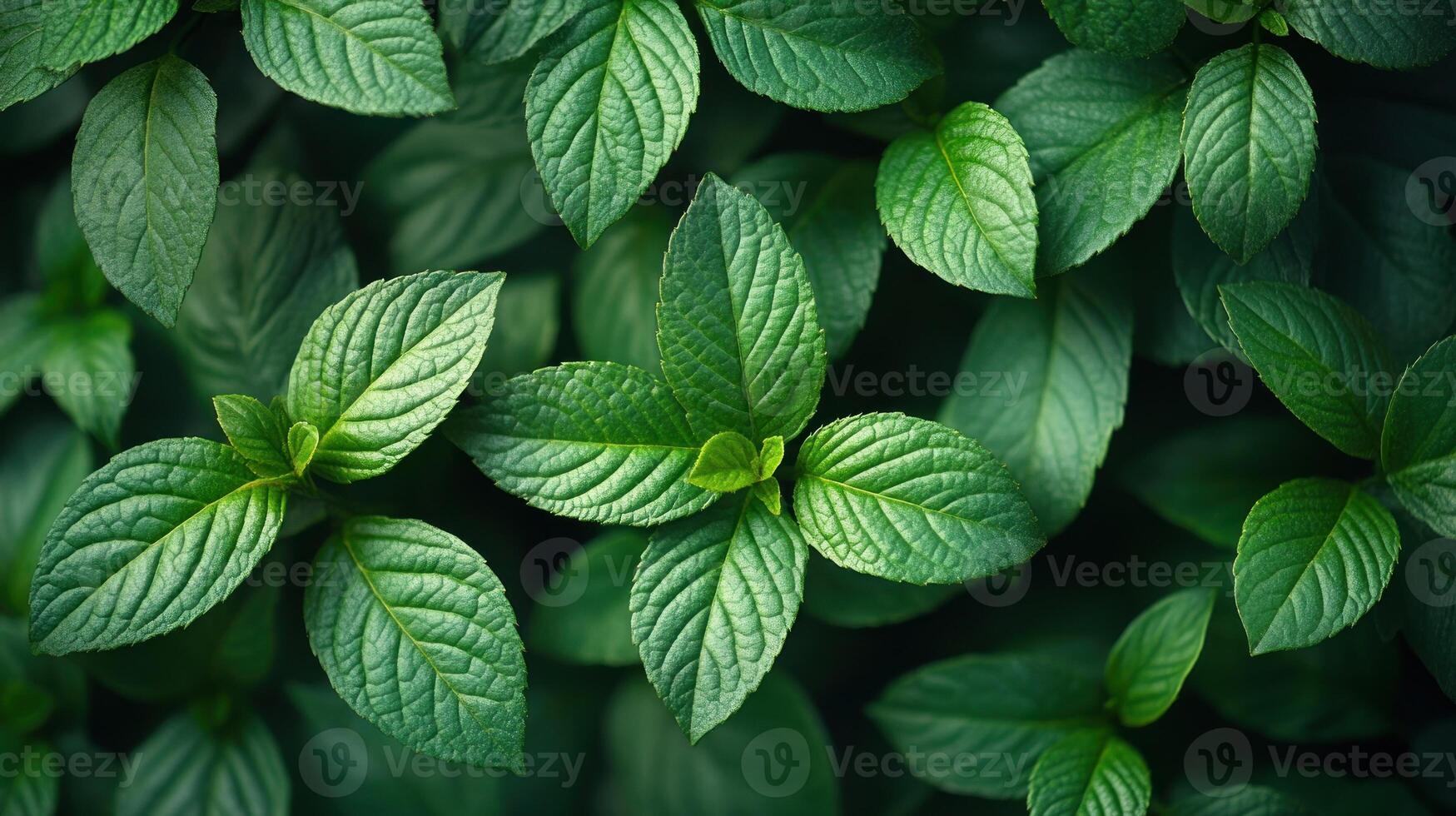 Fresh and lush mint leaves lay together, capturing the essence of a tranquil morning photo