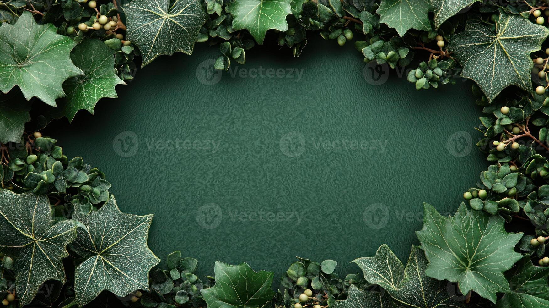 A vibrant collection of green foliage frames a deep green surface, perfect for design photo