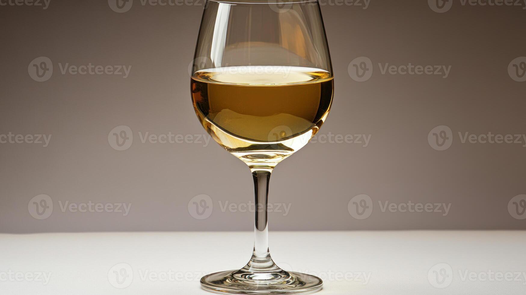 A delicate glass holds golden wine, reflecting light in a serene setting photo