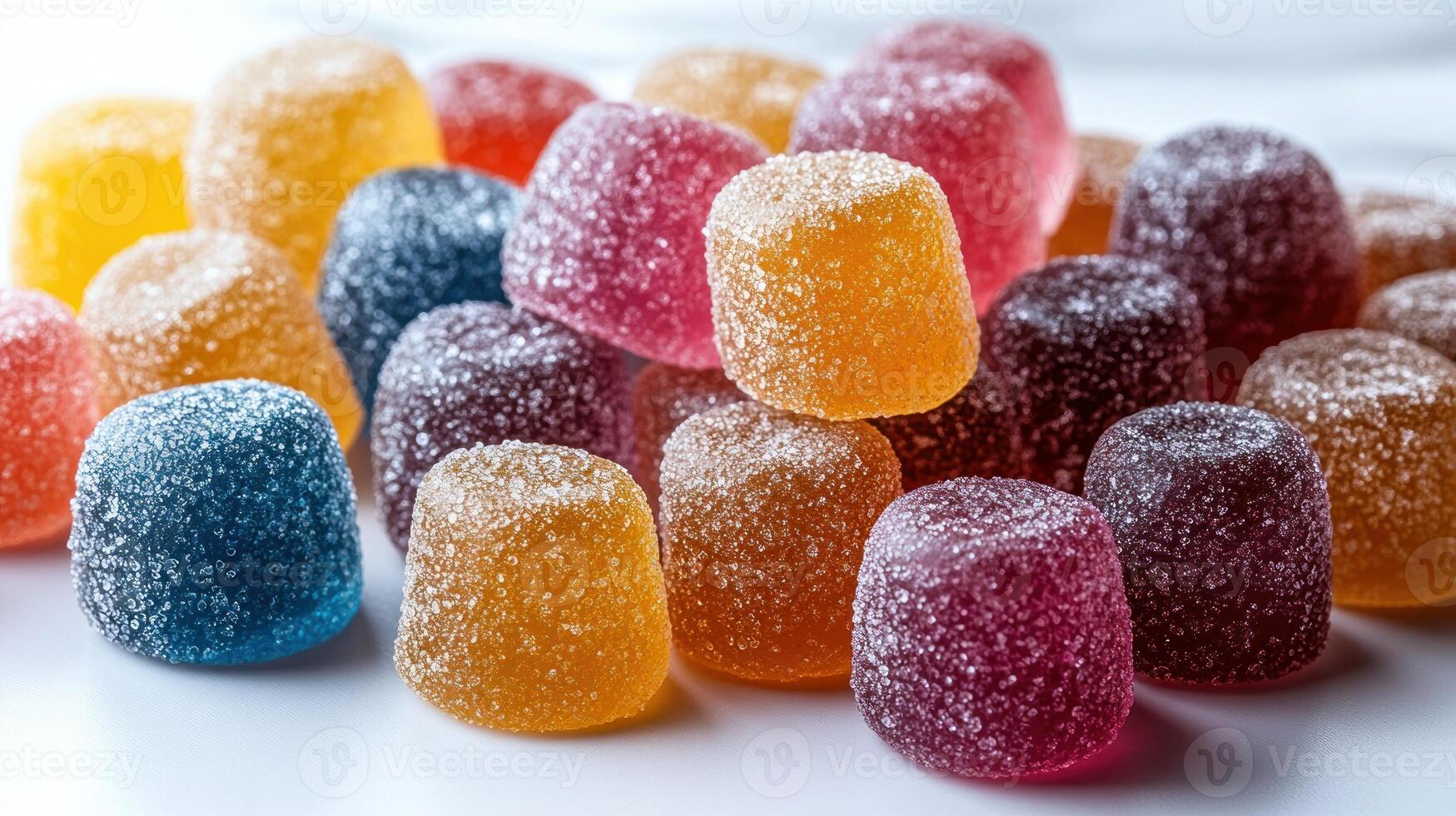 A vibrant collection of chewy, sugary candies gleam invitingly under soft sunlight photo