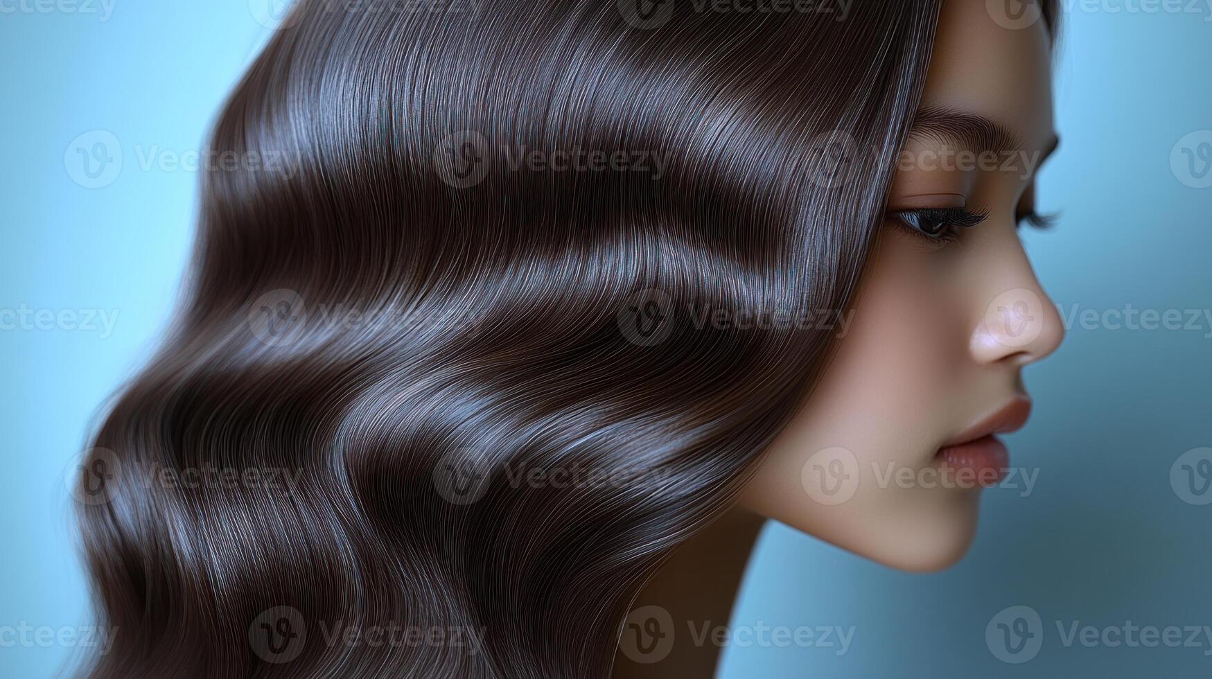 Silky waves cascade gently while emphasizing a delicate facial profile in soft tones photo