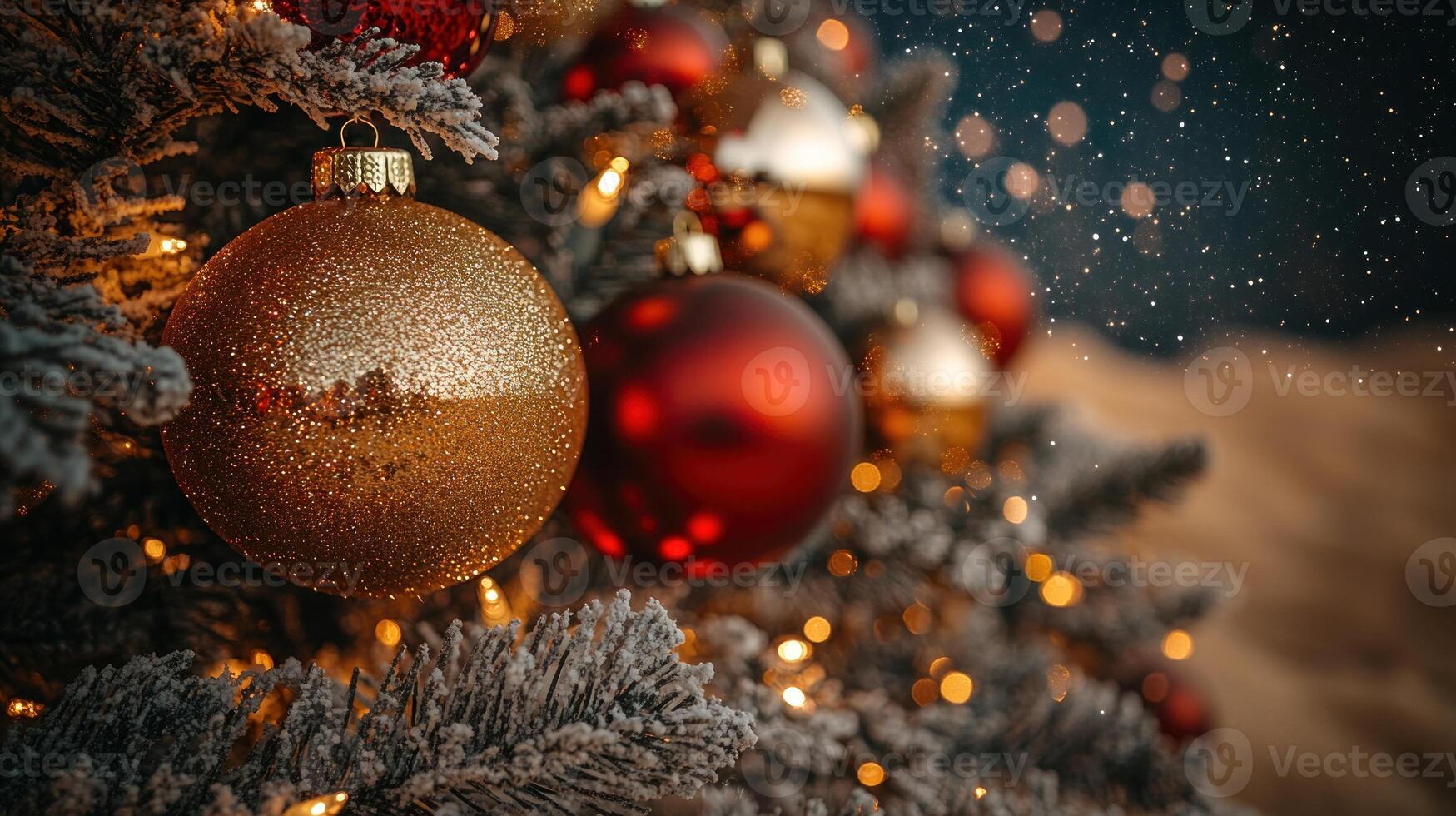 Brightly colored ornaments hang on a pine tree while snow gently falls in the background photo